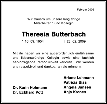 Traueranzeige von Theresia Butterbach von Tageszeitung