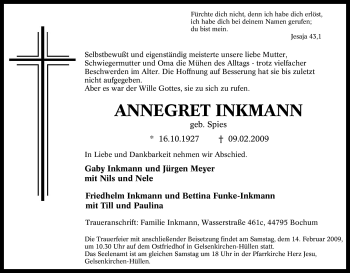 Traueranzeige von Annegret Inkmann von Tageszeitung