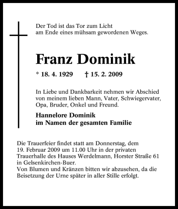 Traueranzeige von Franz Dominik von Tageszeitung