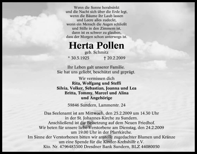  Traueranzeige für Herta Pollen vom 23.02.2009 aus Tageszeitung