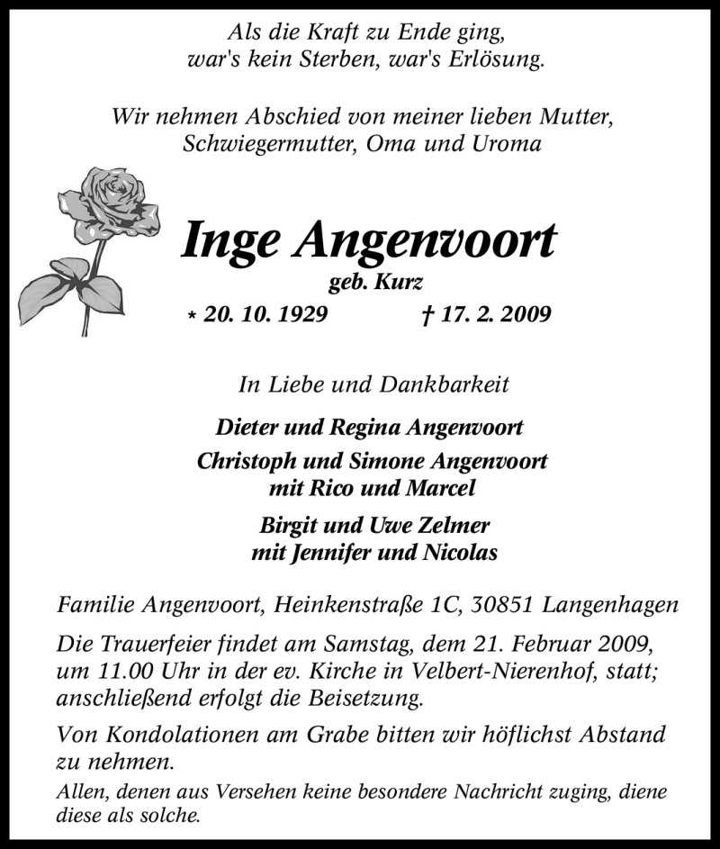  Traueranzeige für Inge Angenvoort vom 19.02.2009 aus Tageszeitung