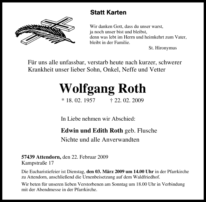  Traueranzeige für Wolfgang Roth vom 28.02.2009 aus Tageszeitung