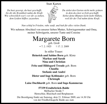 Traueranzeige von Margarete Born von Tageszeitung