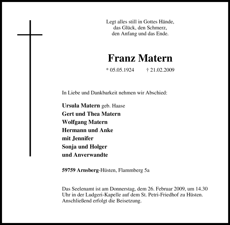  Traueranzeige für Franz Matern vom 23.02.2009 aus Tageszeitung