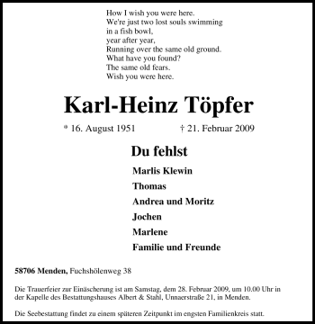 Traueranzeige von Karl-Heinz Töpfer von Tageszeitung