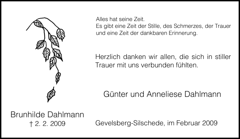  Traueranzeige für Brunhilde Dahlmann vom 28.02.2009 aus Tageszeitung