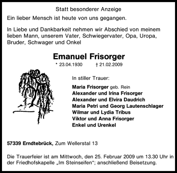 Traueranzeige von Emanuel Frisorger von Tageszeitung