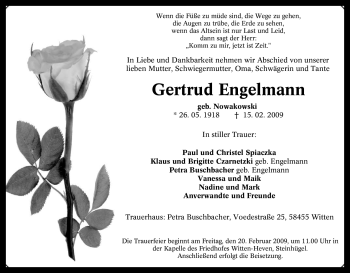 Traueranzeige von Gertrud Engelmann von Tageszeitung