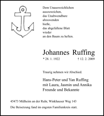 Traueranzeige von Johannes Ruffing von Tageszeitung