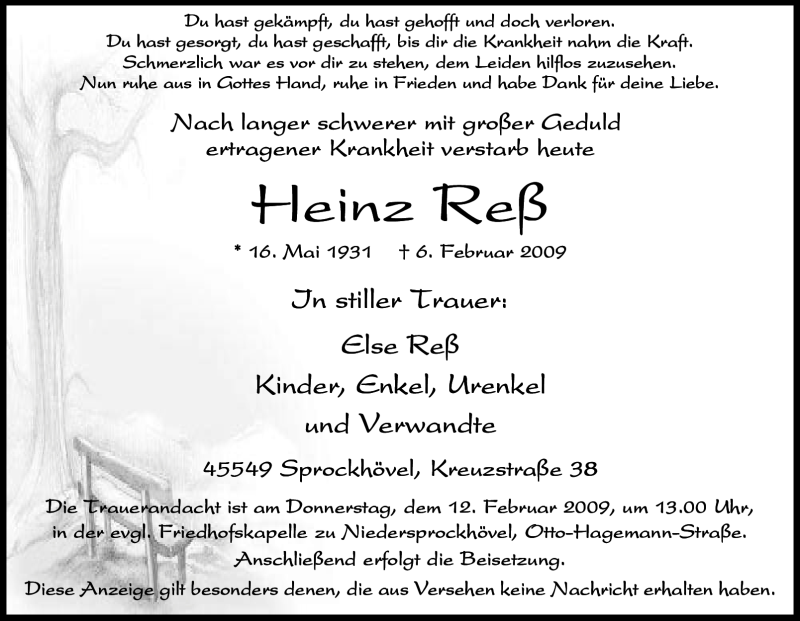  Traueranzeige für Heinz Reß vom 10.02.2009 aus Tageszeitung