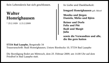 Traueranzeige von Walter Homrighausen von Tageszeitung