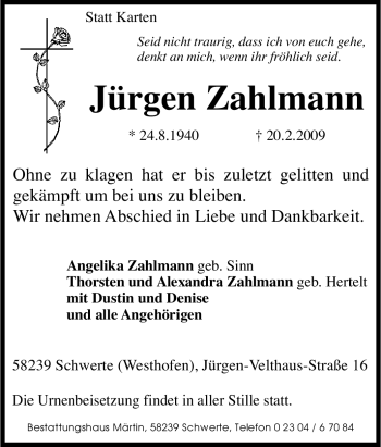 Traueranzeige von Jürgen Zahlmann von Tageszeitung