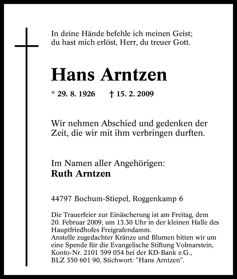  Traueranzeige für Hans Arntzen vom 17.02.2009 aus Tageszeitung