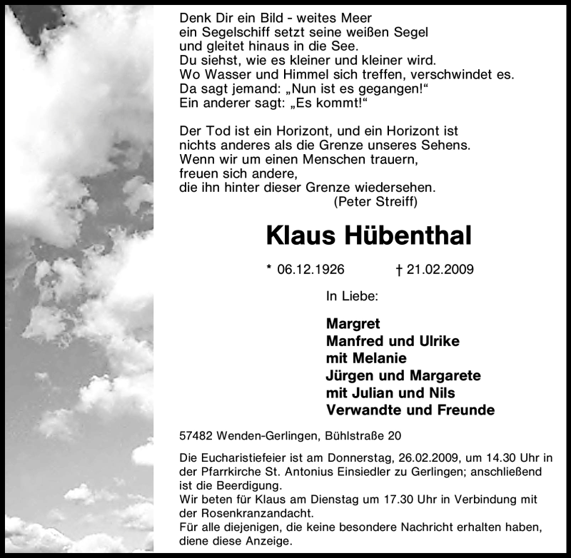  Traueranzeige für Klaus Hübenthal vom 23.02.2009 aus Tageszeitung