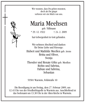 Traueranzeige von Maria Meehsen von Tageszeitung