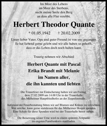 Traueranzeige von Herbert Theodor Quante von Tageszeitung