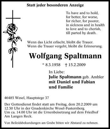 Traueranzeige von Wolfgang Spaltmann von Tageszeitung