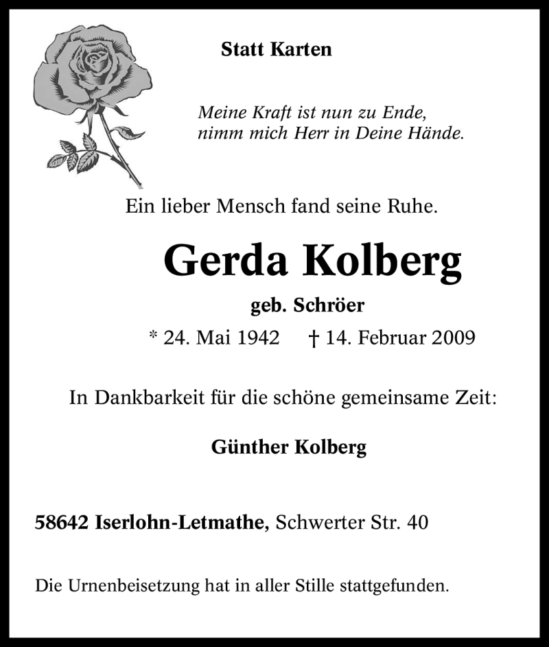  Traueranzeige für Gerda Kolberg vom 28.02.2009 aus Tageszeitung