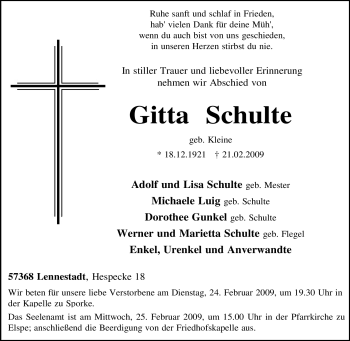 Traueranzeige von Gitta Schulte von Tageszeitung