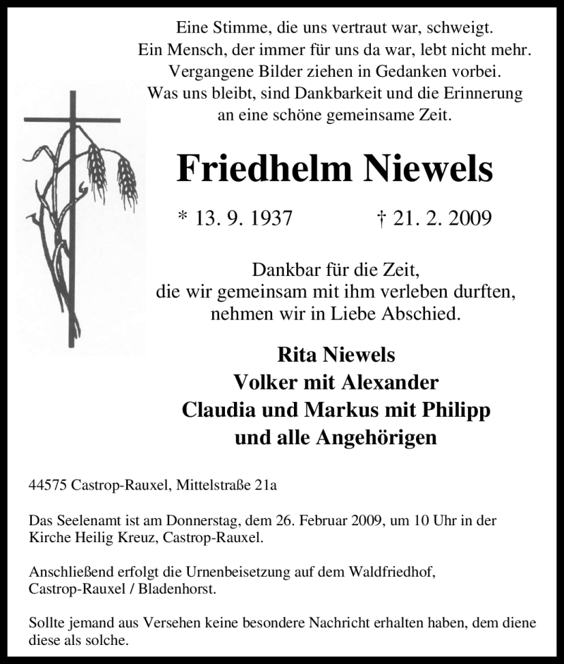  Traueranzeige für Friedhelm Niewels vom 23.02.2009 aus Tageszeitung