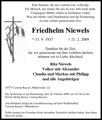 Traueranzeige von Friedhelm Niewels von Tageszeitung