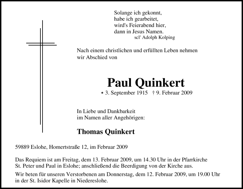  Traueranzeige für Paul Quinkert vom 10.02.2009 aus Tageszeitung