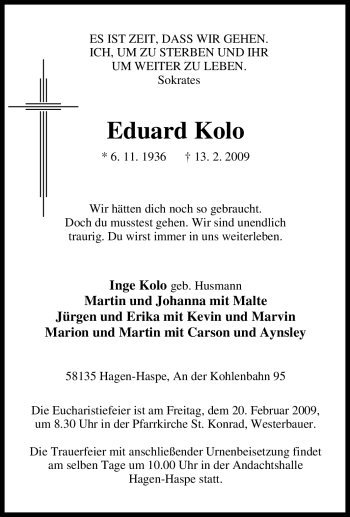 Traueranzeige von Eduard Kolo von Tageszeitung