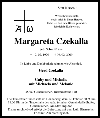 Traueranzeige von Margareta Czekalla von Tageszeitung