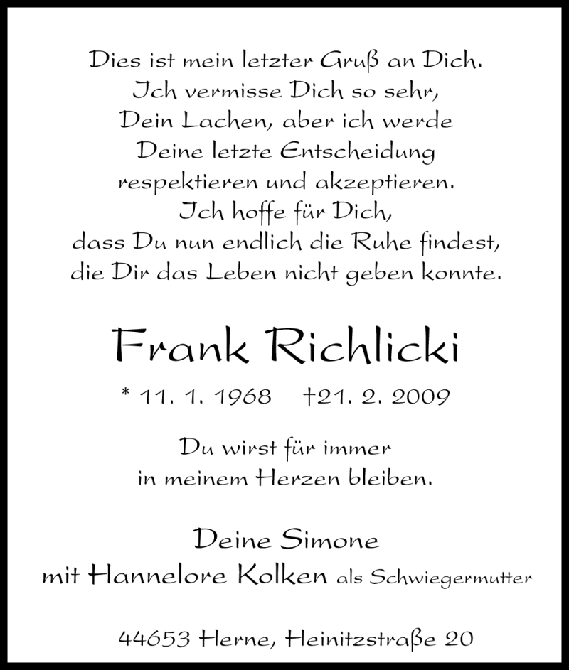  Traueranzeige für Frank Richlicki vom 25.02.2009 aus Tageszeitung