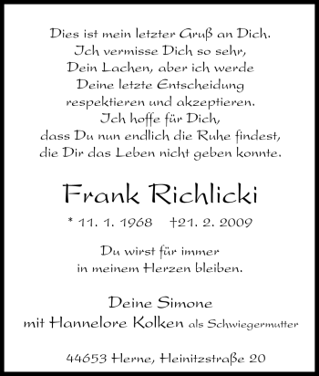 Traueranzeige von Frank Richlicki von Tageszeitung