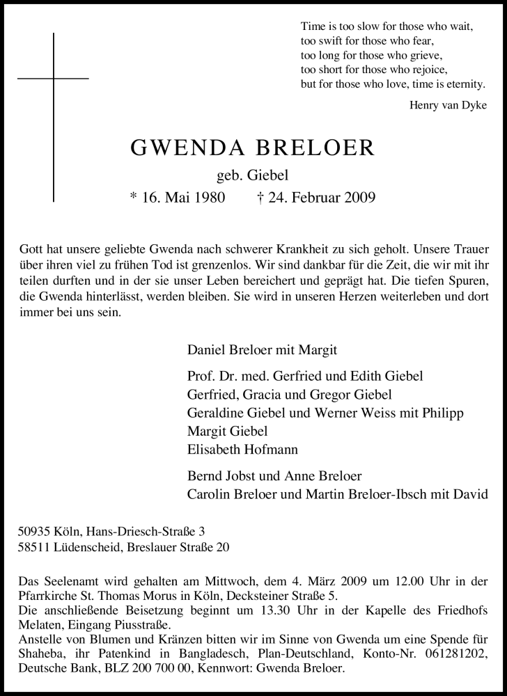  Traueranzeige für Gwenda Breloer vom 28.02.2009 aus Tageszeitung