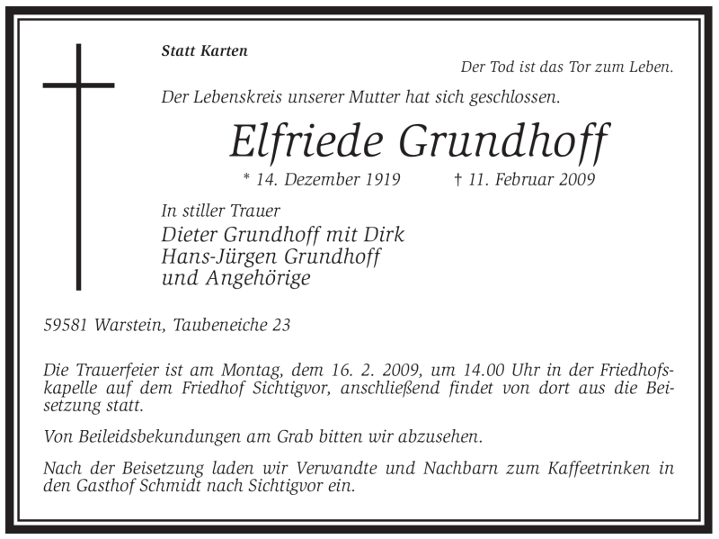  Traueranzeige für Elfriede Grundhoff vom 13.02.2009 aus Tageszeitung
