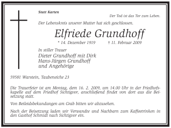 Traueranzeige von Elfriede Grundhoff von Tageszeitung