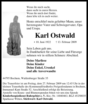 Traueranzeige von Karl Ostwald von Tageszeitung