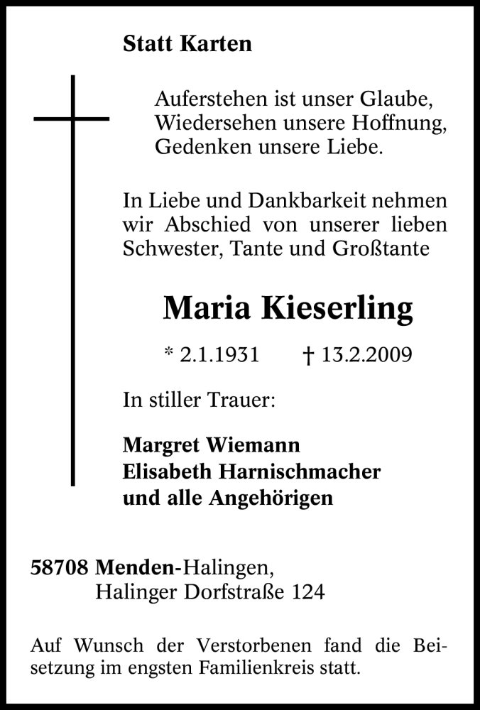  Traueranzeige für Maria Kieserling vom 18.02.2009 aus Tageszeitung