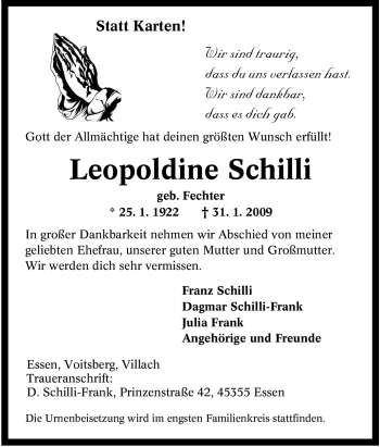 Traueranzeige von Leopoldine Schilli von Tageszeitung