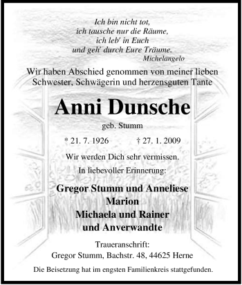 Traueranzeige von Anni Dunsche von Tageszeitung