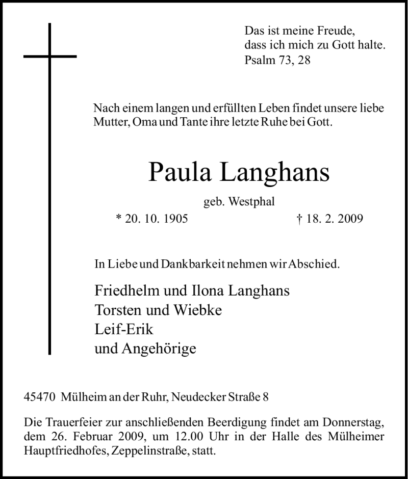  Traueranzeige für Paula Langhans vom 21.02.2009 aus Tageszeitung