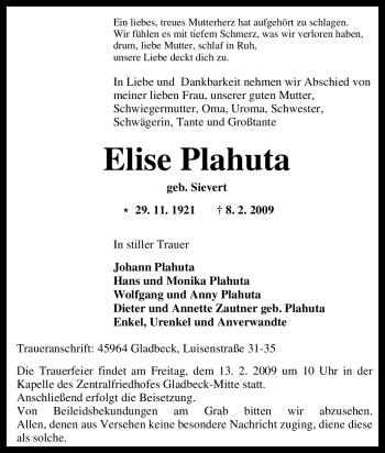 Traueranzeige von Elise Plahuta von Tageszeitung