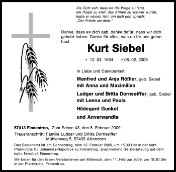 Traueranzeige von Kurt Siebel von Tageszeitung