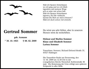 Traueranzeige von Gertrud Sommer von Tageszeitung