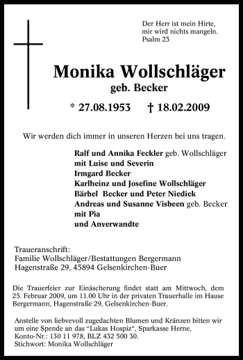 Traueranzeige von Monika Wollschläger von Tageszeitung