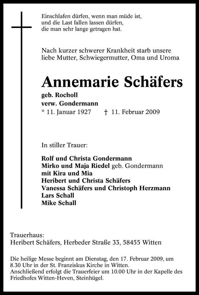  Traueranzeige für Annemarie Schäfers vom 14.02.2009 aus Tageszeitung