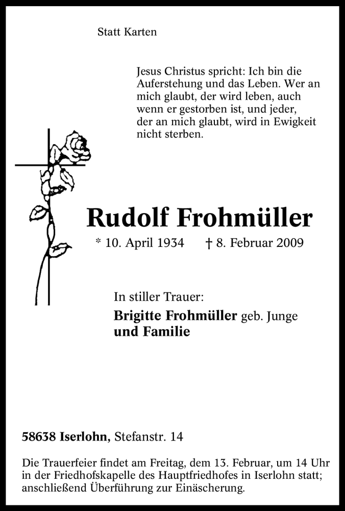  Traueranzeige für Rudolf Frohmüller vom 10.02.2009 aus Tageszeitung