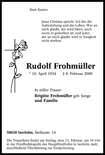 Traueranzeige von Rudolf Frohmüller von Tageszeitung