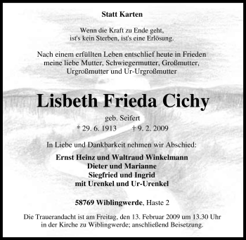Traueranzeige von Lisbeth Frieda Cichy von Tageszeitung