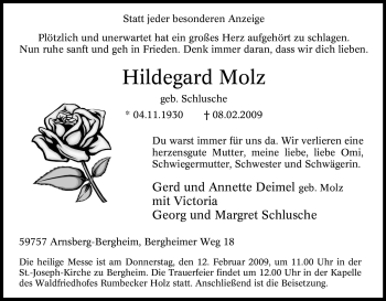 Traueranzeige von Hildegard Molz von Tageszeitung