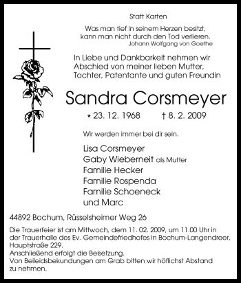 Traueranzeige von Sandra Corsmeyer von Tageszeitung