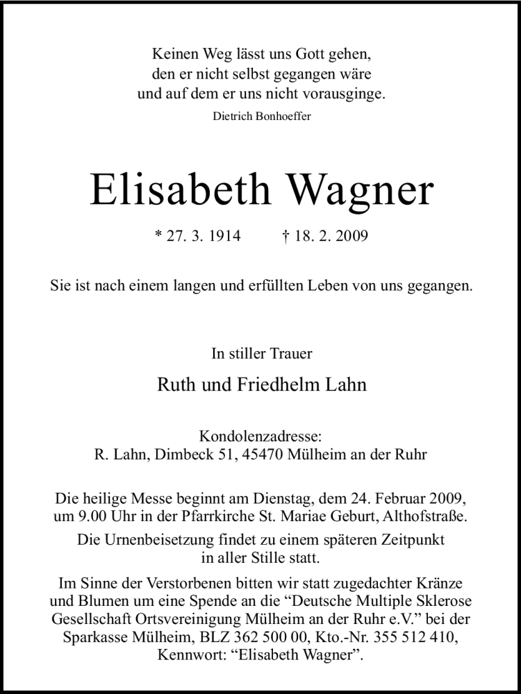  Traueranzeige für Elisabeth Wagner vom 21.02.2009 aus Tageszeitung