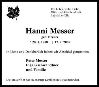 Traueranzeige von Hanni Messer von Tageszeitung